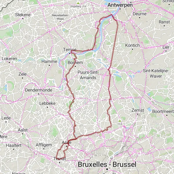 Miniatuurkaart van de fietsinspiratie "Uitdagende gravelroute langs kastelen en rivieren" in Prov. Vlaams-Brabant, Belgium. Gemaakt door de Tarmacs.app fietsrouteplanner