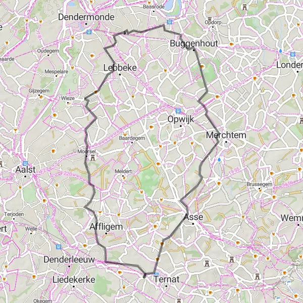 Map miniature of "Moorsel Road Cycling Route" cycling inspiration in Prov. Vlaams-Brabant, Belgium. Generated by Tarmacs.app cycling route planner