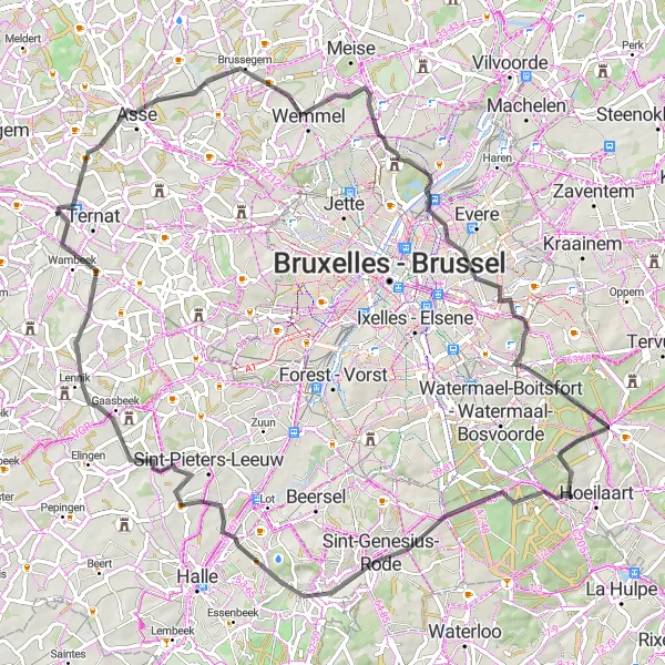 Miniatuurkaart van de fietsinspiratie "Vilvoorde naar Dworp via Sint-Katherina-Lombeek" in Prov. Vlaams-Brabant, Belgium. Gemaakt door de Tarmacs.app fietsrouteplanner