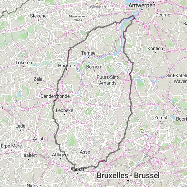 Miniature de la carte de l'inspiration cycliste "Tour des villages pittoresques de Flandre" dans la Prov. Vlaams-Brabant, Belgium. Générée par le planificateur d'itinéraire cycliste Tarmacs.app