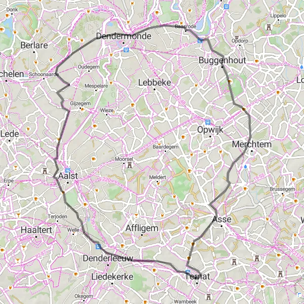 Map miniature of "Buggenhout Road Cycling Route" cycling inspiration in Prov. Vlaams-Brabant, Belgium. Generated by Tarmacs.app cycling route planner