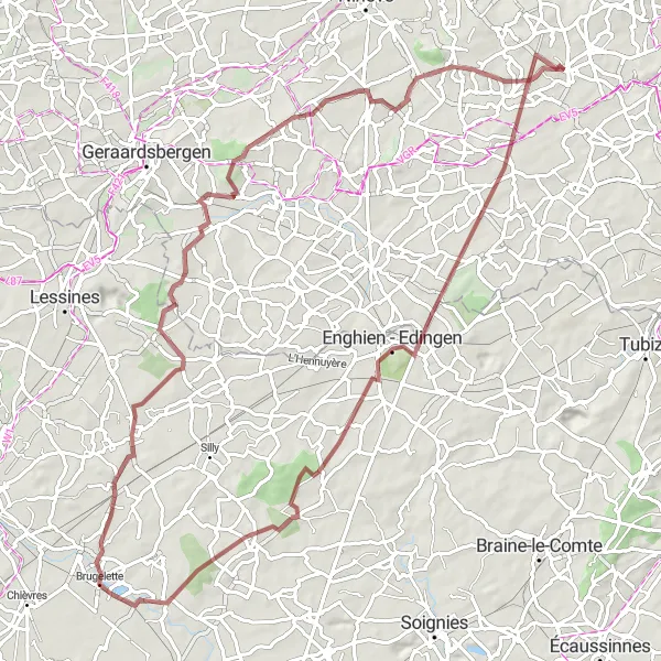 Miniatuurkaart van de fietsinspiratie "Gravelroute door het glooiende landschap van Vlaams-Brabant" in Prov. Vlaams-Brabant, Belgium. Gemaakt door de Tarmacs.app fietsrouteplanner