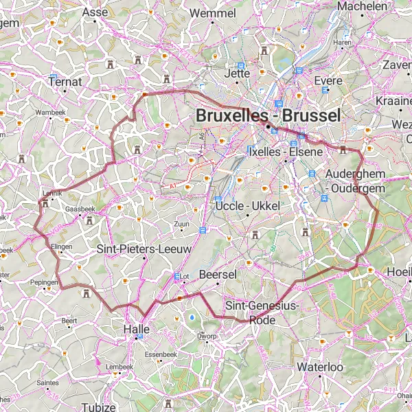 Miniatuurkaart van de fietsinspiratie "Gravelroute naar Sint-Genesius-Rode" in Prov. Vlaams-Brabant, Belgium. Gemaakt door de Tarmacs.app fietsrouteplanner