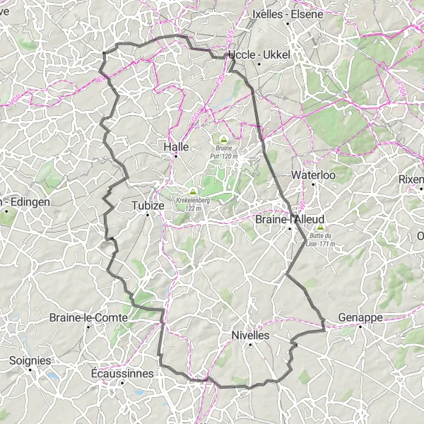 Miniature de la carte de l'inspiration cycliste "De Sint-Kwintens-Lennik 93km Route" dans la Prov. Vlaams-Brabant, Belgium. Générée par le planificateur d'itinéraire cycliste Tarmacs.app