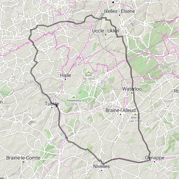 Miniatuurkaart van de fietsinspiratie "Wegroute Sint-Kwintens-Lennik - Tubize - Pepingen" in Prov. Vlaams-Brabant, Belgium. Gemaakt door de Tarmacs.app fietsrouteplanner