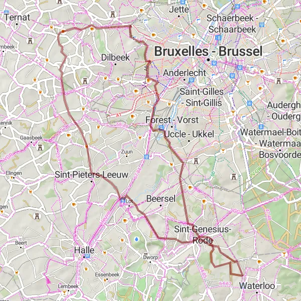 Miniatuurkaart van de fietsinspiratie "Gravelroute Sint-Genesius-Rode en omgeving" in Prov. Vlaams-Brabant, Belgium. Gemaakt door de Tarmacs.app fietsrouteplanner