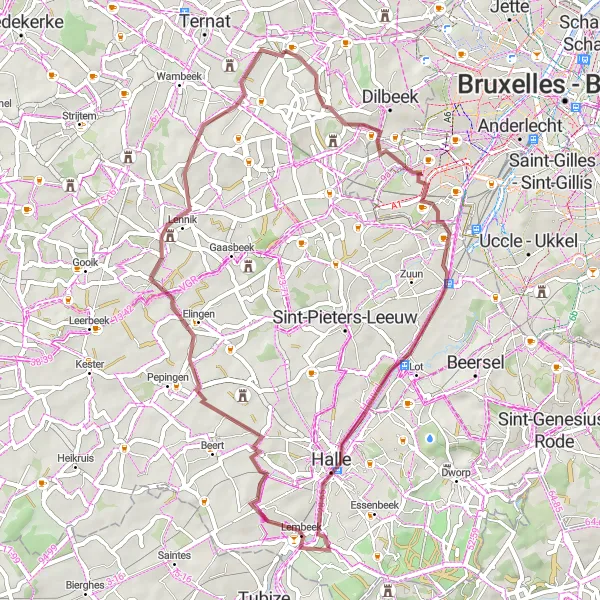 Miniatuurkaart van de fietsinspiratie "Graveltocht Lennik en omgeving" in Prov. Vlaams-Brabant, Belgium. Gemaakt door de Tarmacs.app fietsrouteplanner