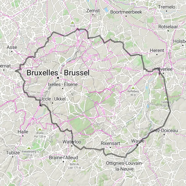 Miniatuurkaart van de fietsinspiratie "Rondrit Waterloo en omgeving" in Prov. Vlaams-Brabant, Belgium. Gemaakt door de Tarmacs.app fietsrouteplanner