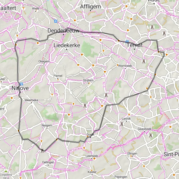 Miniatuurkaart van de fietsinspiratie "Gooik en Ninove Fietsroute" in Prov. Vlaams-Brabant, Belgium. Gemaakt door de Tarmacs.app fietsrouteplanner