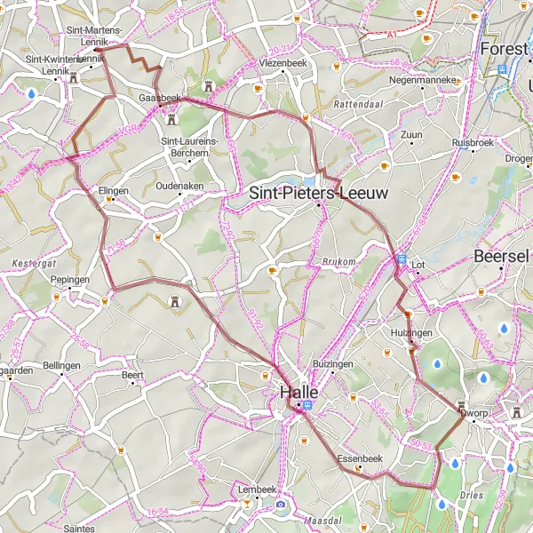 Miniatuurkaart van de fietsinspiratie "Lennik en omgeving Gravelrit" in Prov. Vlaams-Brabant, Belgium. Gemaakt door de Tarmacs.app fietsrouteplanner