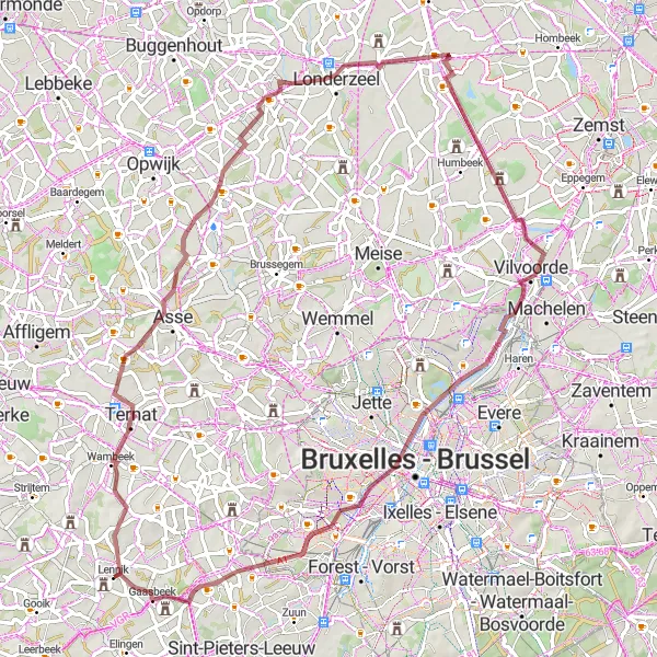 Map miniature of "Gravel Adventure around Lennik" cycling inspiration in Prov. Vlaams-Brabant, Belgium. Generated by Tarmacs.app cycling route planner