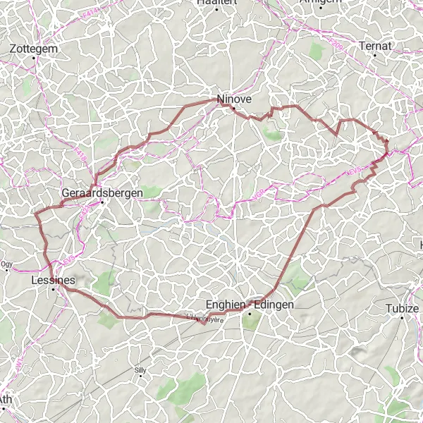 Miniature de la carte de l'inspiration cycliste "Gravel Adventure in the Flemish Countryside" dans la Prov. Vlaams-Brabant, Belgium. Générée par le planificateur d'itinéraire cycliste Tarmacs.app