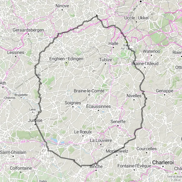 Miniature de la carte de l'inspiration cycliste "Les collines de Hainaut et le Mont de la Justice" dans la Prov. Vlaams-Brabant, Belgium. Générée par le planificateur d'itinéraire cycliste Tarmacs.app