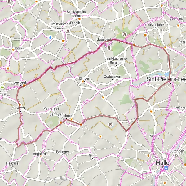 Miniatuurkaart van de fietsinspiratie "Gravelroute door het glooiende landschap van Vlaams-Brabant" in Prov. Vlaams-Brabant, Belgium. Gemaakt door de Tarmacs.app fietsrouteplanner