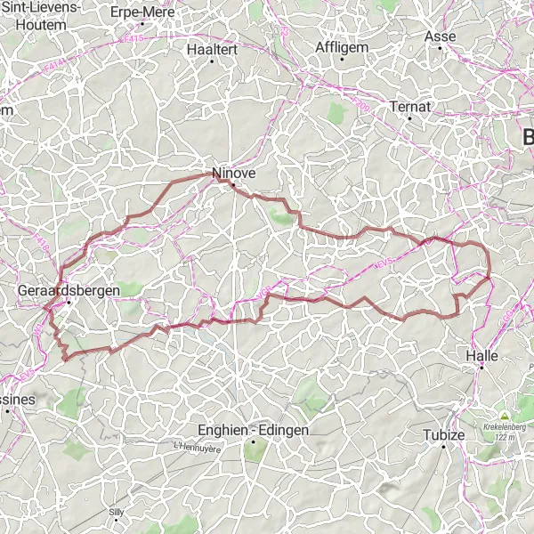 Map miniature of "Gravel Cycling Route to Gooik" cycling inspiration in Prov. Vlaams-Brabant, Belgium. Generated by Tarmacs.app cycling route planner