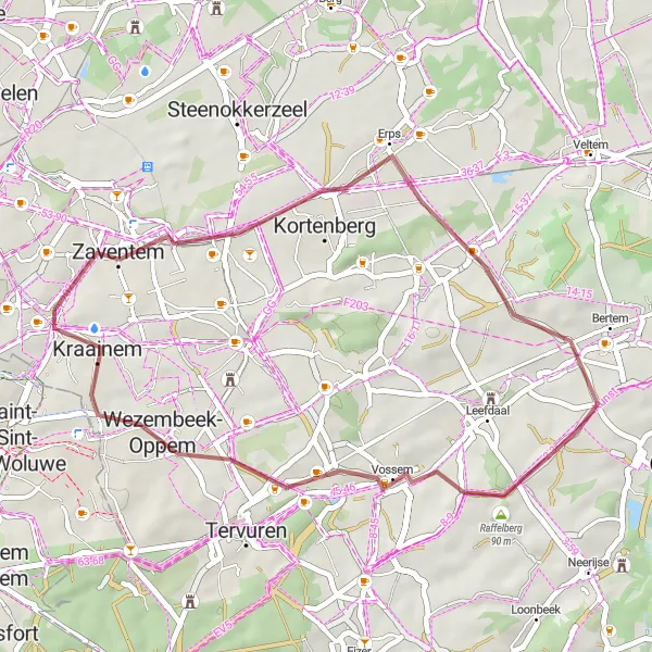 Miniatuurkaart van de fietsinspiratie "Gravelroute via Meerbeek en Wezembeek-Oppem" in Prov. Vlaams-Brabant, Belgium. Gemaakt door de Tarmacs.app fietsrouteplanner