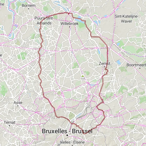 Miniatuurkaart van de fietsinspiratie "Graveltocht van 79 km rond Sint-Stevens-Woluwe" in Prov. Vlaams-Brabant, Belgium. Gemaakt door de Tarmacs.app fietsrouteplanner