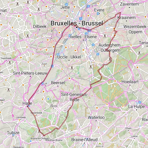 Map miniature of "Zwarte Toren Gravel Loop" cycling inspiration in Prov. Vlaams-Brabant, Belgium. Generated by Tarmacs.app cycling route planner