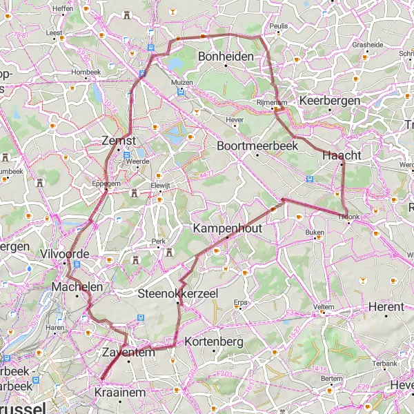 Miniatuurkaart van de fietsinspiratie "Gravel route rond Sint-Stevens-Woluwe" in Prov. Vlaams-Brabant, Belgium. Gemaakt door de Tarmacs.app fietsrouteplanner