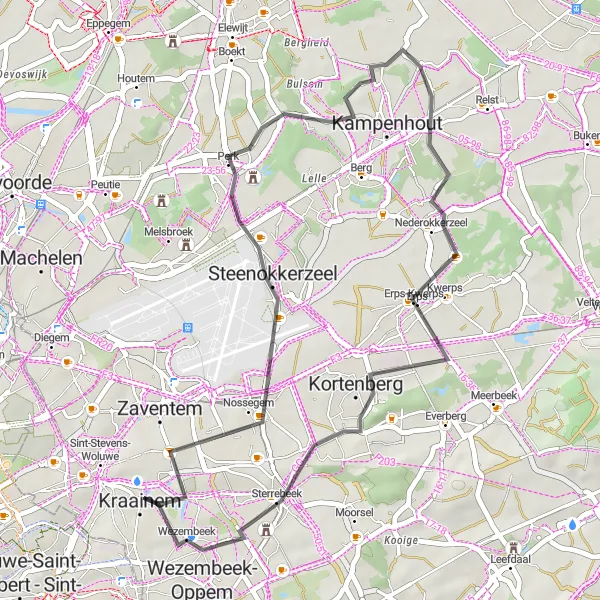 Map miniature of "Perk to Erps-Kwerps Road Route" cycling inspiration in Prov. Vlaams-Brabant, Belgium. Generated by Tarmacs.app cycling route planner