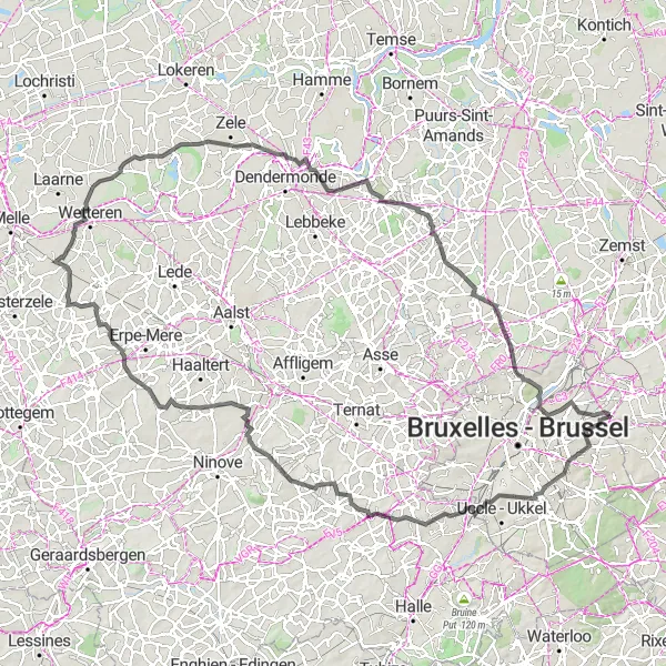 Miniatuurkaart van de fietsinspiratie "Panoramische tocht van 130 km rond Sint-Stevens-Woluwe" in Prov. Vlaams-Brabant, Belgium. Gemaakt door de Tarmacs.app fietsrouteplanner