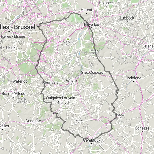 Map miniature of "Ultimate Hilly Challenge" cycling inspiration in Prov. Vlaams-Brabant, Belgium. Generated by Tarmacs.app cycling route planner