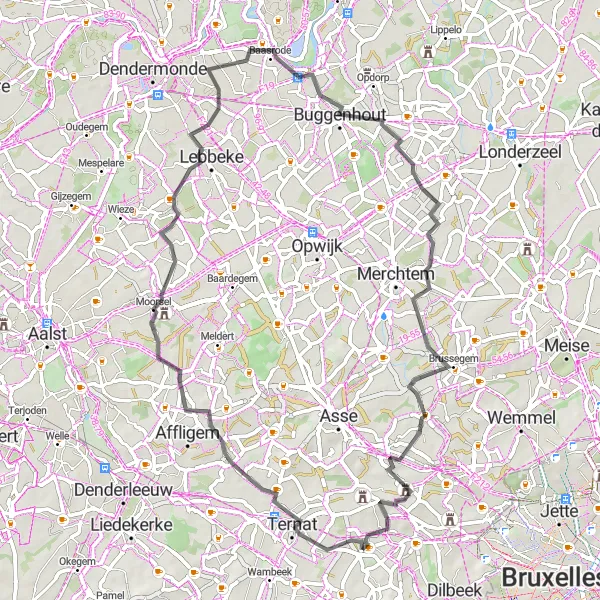 Miniatuurkaart van de fietsinspiratie "Pittoreske dorpjes rondom Sint-Ulriks-Kapelle" in Prov. Vlaams-Brabant, Belgium. Gemaakt door de Tarmacs.app fietsrouteplanner