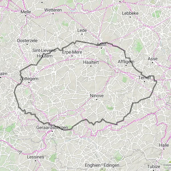 Miniatuurkaart van de fietsinspiratie "Van Gooik naar Aalst: Historische hoogtepunten en natuurpracht" in Prov. Vlaams-Brabant, Belgium. Gemaakt door de Tarmacs.app fietsrouteplanner