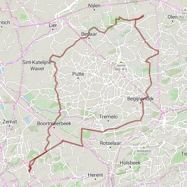 Map miniature of "Herenthout Gravel Loop" cycling inspiration in Prov. Vlaams-Brabant, Belgium. Generated by Tarmacs.app cycling route planner