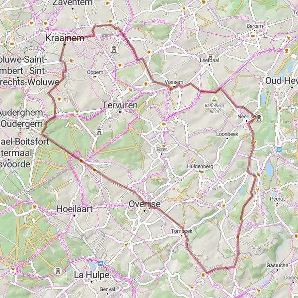 Miniature de la carte de l'inspiration cycliste "Itinéraire gravel à travers Vossem et Kraainem" dans la Prov. Vlaams-Brabant, Belgium. Générée par le planificateur d'itinéraire cycliste Tarmacs.app