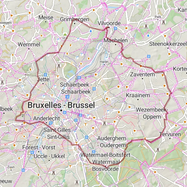 Miniatuurkaart van de fietsinspiratie "Gravelroute via Saint-Gilles en Strombeek" in Prov. Vlaams-Brabant, Belgium. Gemaakt door de Tarmacs.app fietsrouteplanner
