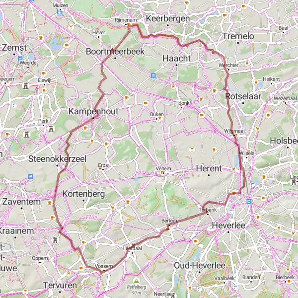 Miniatuurkaart van de fietsinspiratie "Gravelavontuur door Boortmeerbeek en Moorsel" in Prov. Vlaams-Brabant, Belgium. Gemaakt door de Tarmacs.app fietsrouteplanner