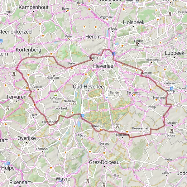 Miniatuurkaart van de fietsinspiratie "Gravelroute via Zwanenberg en Vier Winden" in Prov. Vlaams-Brabant, Belgium. Gemaakt door de Tarmacs.app fietsrouteplanner