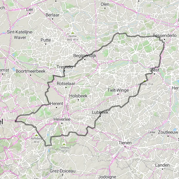 Miniatuurkaart van de fietsinspiratie "Rondrit langs Diest en Herselt" in Prov. Vlaams-Brabant, Belgium. Gemaakt door de Tarmacs.app fietsrouteplanner