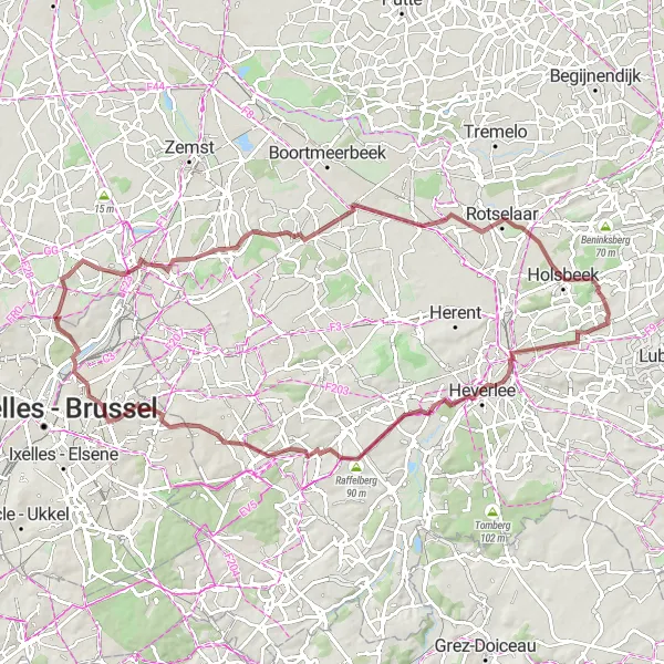Map miniature of "Gravel Route 3" cycling inspiration in Prov. Vlaams-Brabant, Belgium. Generated by Tarmacs.app cycling route planner