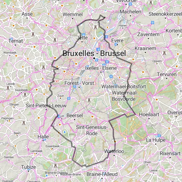 Map miniature of "Strombeek-Bever - Vilvoorde - Waterloo - Dworp" cycling inspiration in Prov. Vlaams-Brabant, Belgium. Generated by Tarmacs.app cycling route planner