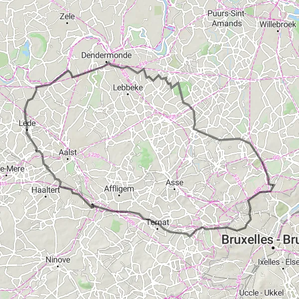Map miniature of "Strombeek-Bever - Berchem-Sainte-Agathe - Lede - Wolvertem" cycling inspiration in Prov. Vlaams-Brabant, Belgium. Generated by Tarmacs.app cycling route planner