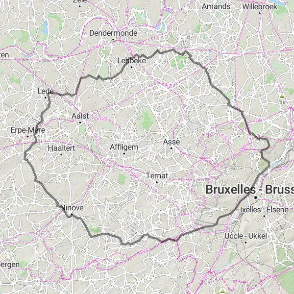 Map miniature of "Strombeek-Bever - Koningslo - Gaasbeek - Gijzegem - Wolvertem - Het Voor" cycling inspiration in Prov. Vlaams-Brabant, Belgium. Generated by Tarmacs.app cycling route planner