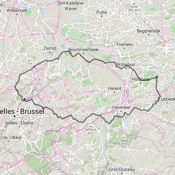 Map miniature of "Strombeek-Bever - Verbrande Brug - Dutsel - Vogelkijkwand - Oud-Heverlee - Vossem - Mutsaard" cycling inspiration in Prov. Vlaams-Brabant, Belgium. Generated by Tarmacs.app cycling route planner