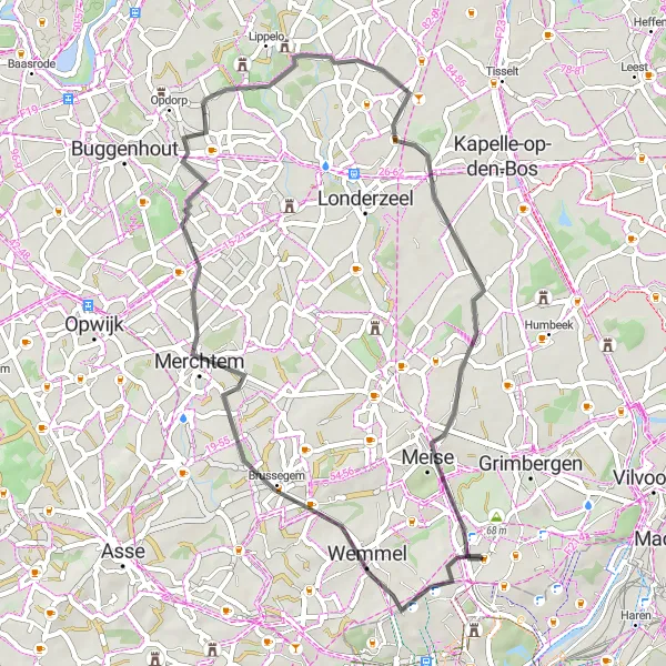 Map miniature of "Strombeek-Bever - Ossel - Merchtem - Kasteel van Houtem - Bever" cycling inspiration in Prov. Vlaams-Brabant, Belgium. Generated by Tarmacs.app cycling route planner