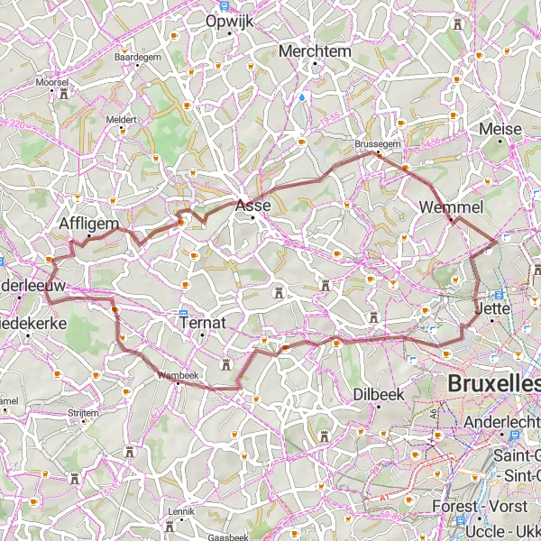 Miniatuurkaart van de fietsinspiratie "Gravelroute via Putberg en Berchem-Sainte-Agathe" in Prov. Vlaams-Brabant, Belgium. Gemaakt door de Tarmacs.app fietsrouteplanner