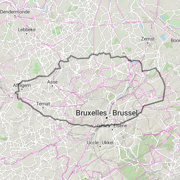 Miniatuurkaart van de fietsinspiratie "Wegroute naar Etterbeek en La Dalle" in Prov. Vlaams-Brabant, Belgium. Gemaakt door de Tarmacs.app fietsrouteplanner