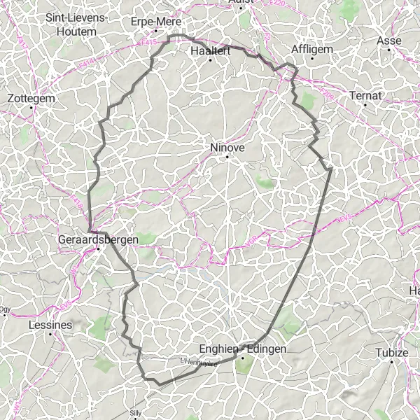 Miniatuurkaart van de fietsinspiratie "Historische route door het hart van Vlaanderen" in Prov. Vlaams-Brabant, Belgium. Gemaakt door de Tarmacs.app fietsrouteplanner