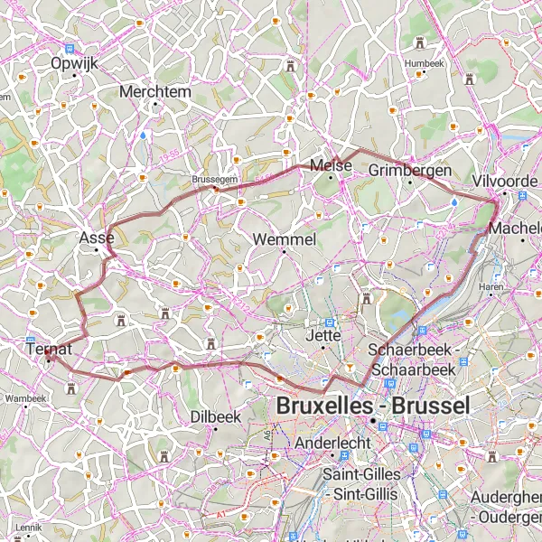 Miniatuurkaart van de fietsinspiratie "Gravelroute naar Vilvoorde" in Prov. Vlaams-Brabant, Belgium. Gemaakt door de Tarmacs.app fietsrouteplanner