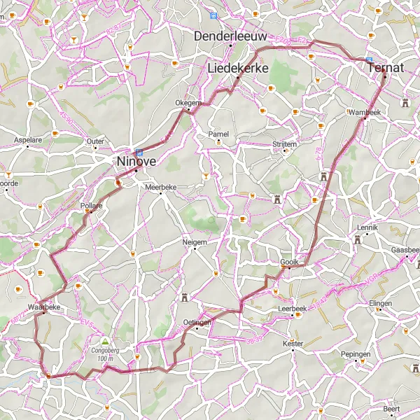 Map miniature of "The Gravel Adventure: Ternat to Kruikenburg" cycling inspiration in Prov. Vlaams-Brabant, Belgium. Generated by Tarmacs.app cycling route planner