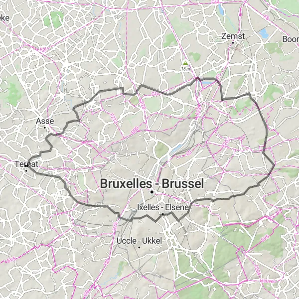 Map miniature of "Ternat - Kobbegem -  Meise - Steenokkerzeel - Ixelles - Elsene - Flotsenberg - Sint-Martens-Bodegem" cycling inspiration in Prov. Vlaams-Brabant, Belgium. Generated by Tarmacs.app cycling route planner