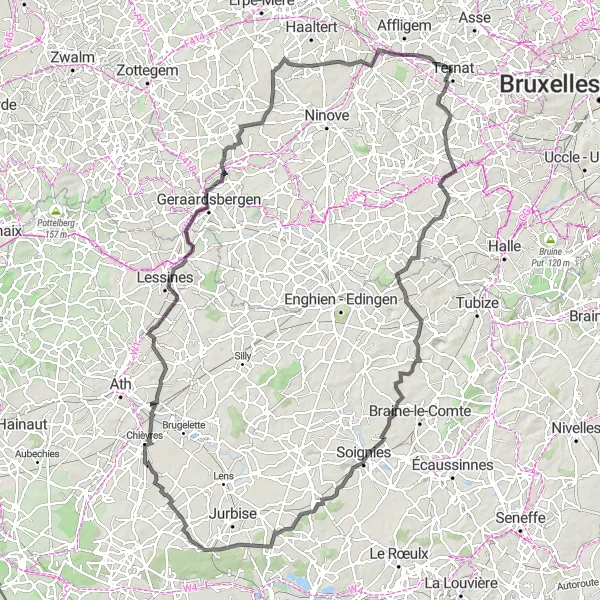 Map miniature of "Ternat to Geraardsbergen Loop" cycling inspiration in Prov. Vlaams-Brabant, Belgium. Generated by Tarmacs.app cycling route planner