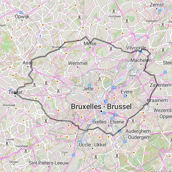 Miniatuurkaart van de fietsinspiratie "Ternat naar Sint-Gillis via Asse en Grimbergen" in Prov. Vlaams-Brabant, Belgium. Gemaakt door de Tarmacs.app fietsrouteplanner