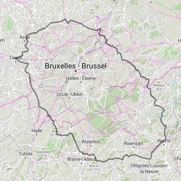 Karten-Miniaturansicht der Radinspiration "Rundfahrt von Ternat nach Waterloo und zurück" in Prov. Vlaams-Brabant, Belgium. Erstellt vom Tarmacs.app-Routenplaner für Radtouren