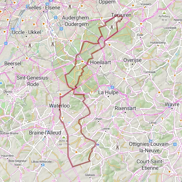 Map miniature of "Challenging Gravel Loop near Tervuren" cycling inspiration in Prov. Vlaams-Brabant, Belgium. Generated by Tarmacs.app cycling route planner